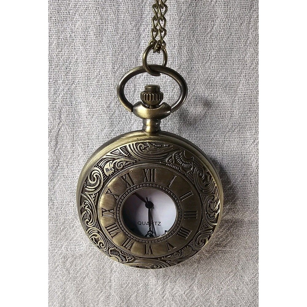 Roman Numeral Open Cover Pocket Watch Bronze Color Quartz New Battery